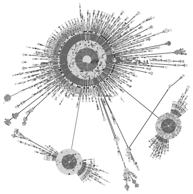 Graphe de réseau en noir sur fond clair : un grand modèle central entouré de centaines de modèles dérivés, reliés par des flèches, et trois foyers secondaires plus petits.